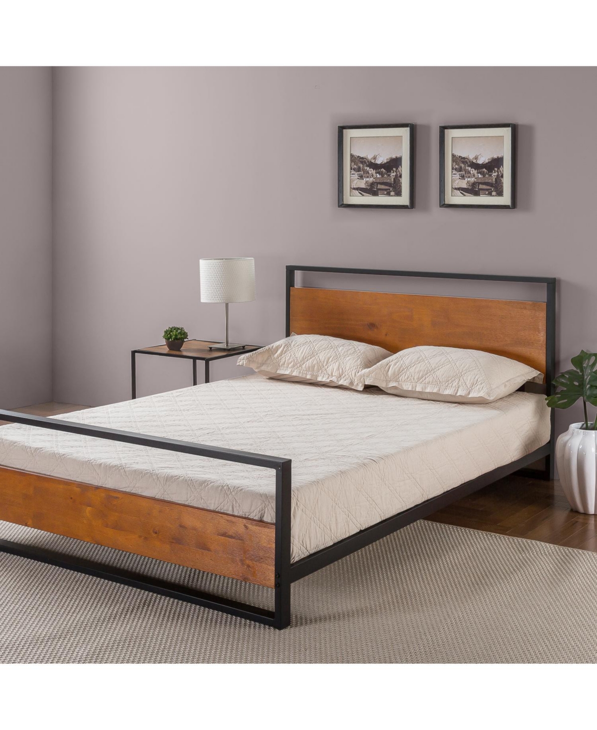 Zinus Suzanne Metal and Wood Platform Bed with Headboard and Footboard, Queen - Chestnut Brown