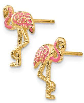 Flamingo Pink Enamel Stud Earrings in 14k Gold