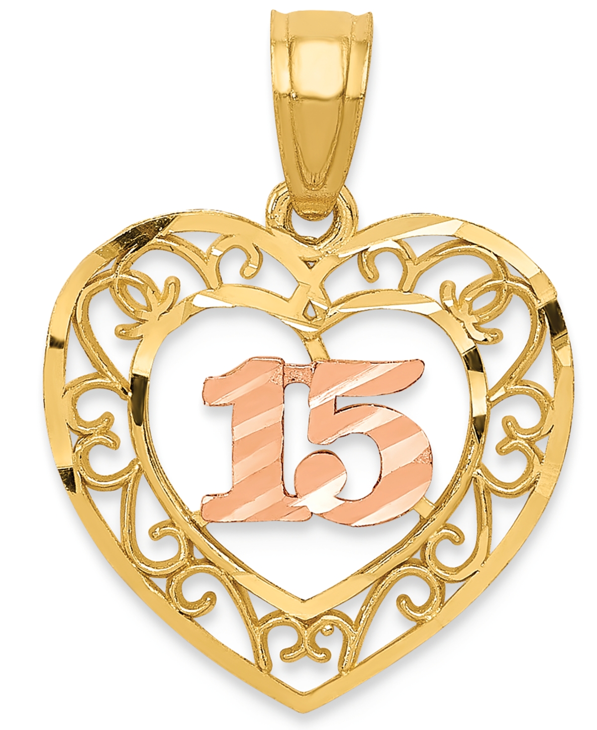 Diamond-cut "15" Heart Charm Pendant in 14k Yellow & Rose Gold - Yellow/Rose Gold