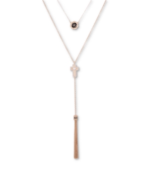 image of Guess Gold-Tone Jet Logo, Crystal Cross & Chain Tassel Layered Lariat Necklace, 17