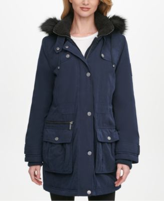 DKNY Faux-Fur Trim Hooded Water-Resistant Anorak Coat - Macy's