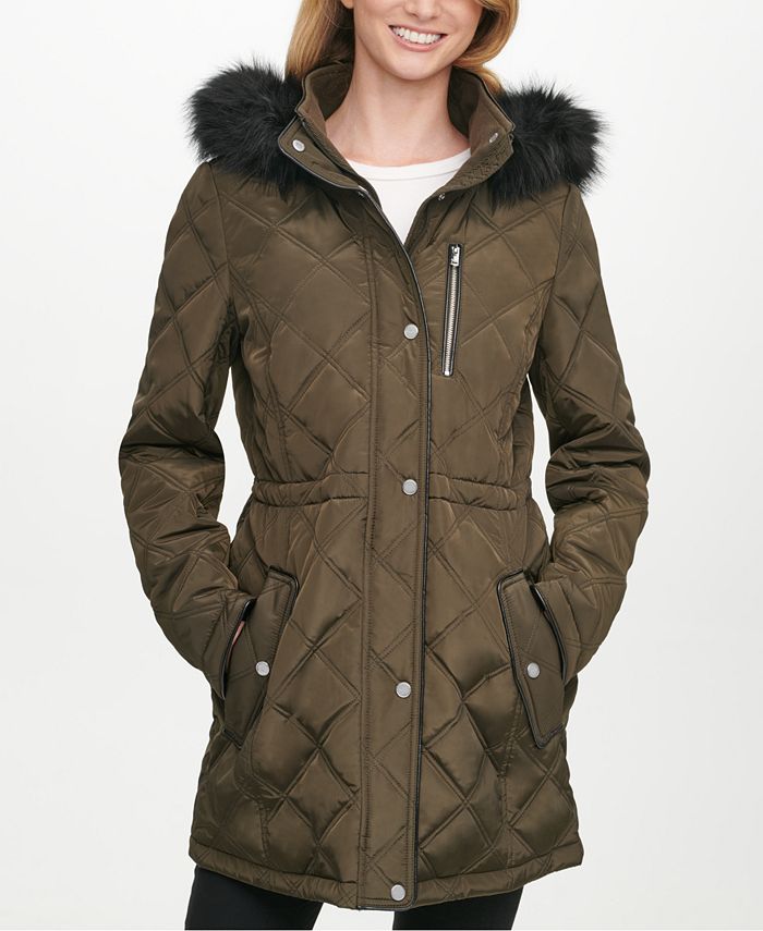 DKNY Faux-Fur-Trim Hooded Quilted Anorak Coat, Created For Macy's 