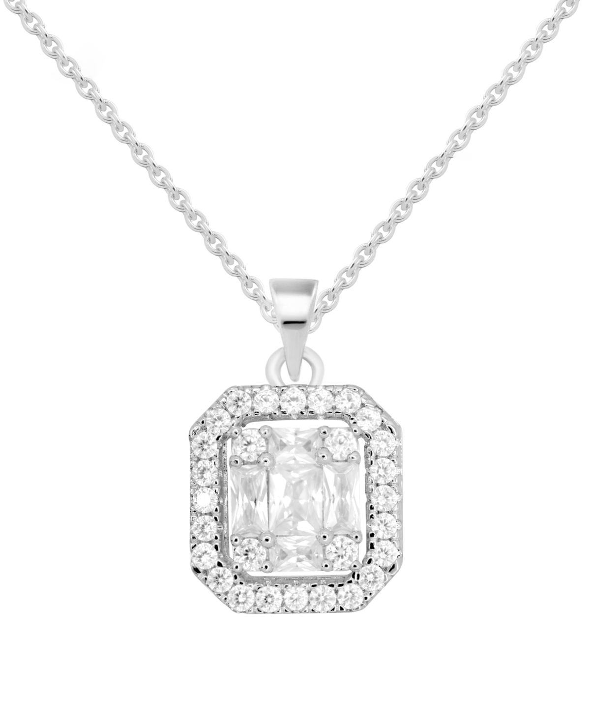 Cubic Zirconia Rectangle Halo Pendant Necklace, 16" + 2" extender in Silver or Gold Plate - Silver