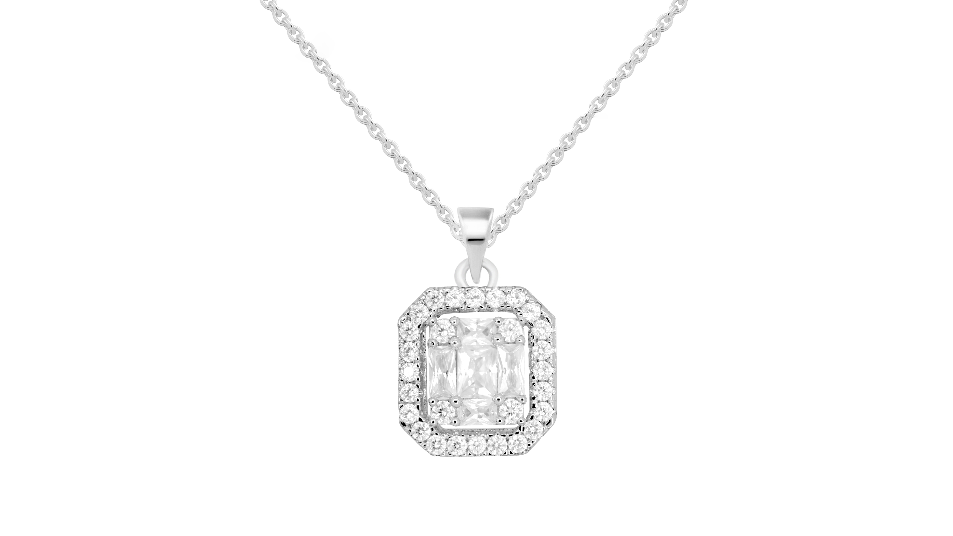 Cubic Zirconia Rectangle Halo Pendant Necklace, 16" + 2" extender in Silver or Gold Plate