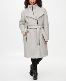 Plus Size Faux-Leather-Trim Belted Coat, Created for Macy's