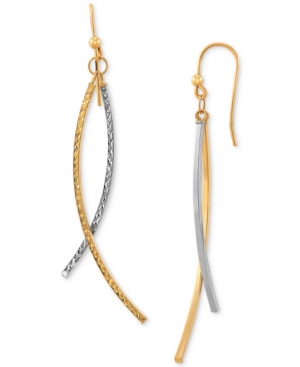 image of Two-Tone Textured Curved Stick Drop Earrings in 14k Gold & White Rhodium-Plate