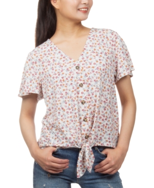 image of Hippie Rose Juniors- Floral-Print Button-Detail Tie-Front Top