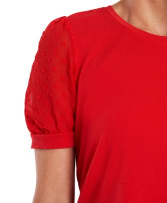 Women's Short Puff-Sleeve Mixed Media Knit Top
