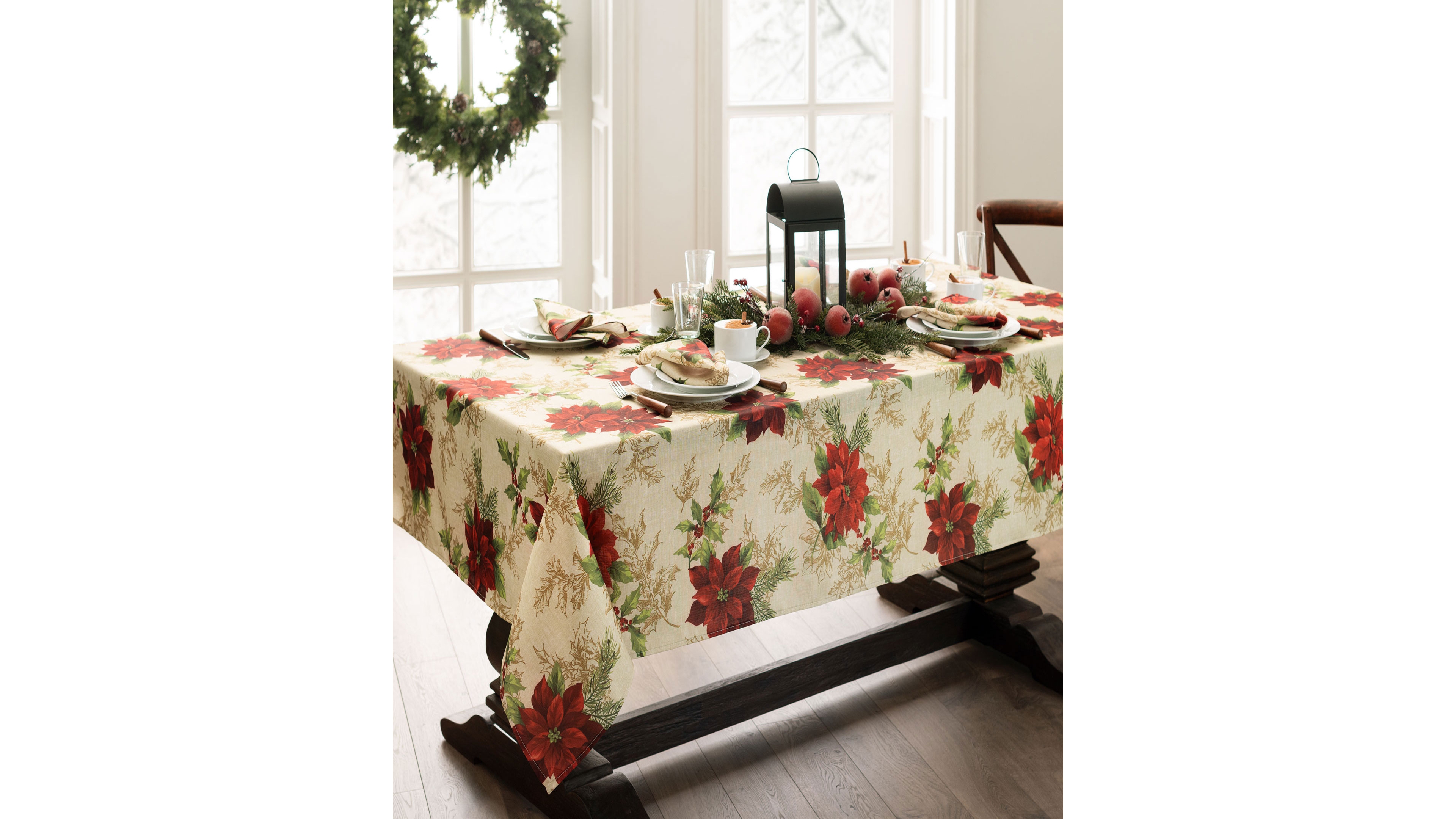 Elrene Festive Poinsettia Holiday Rectangle Tablecloth, 60" x 84" Rectangle