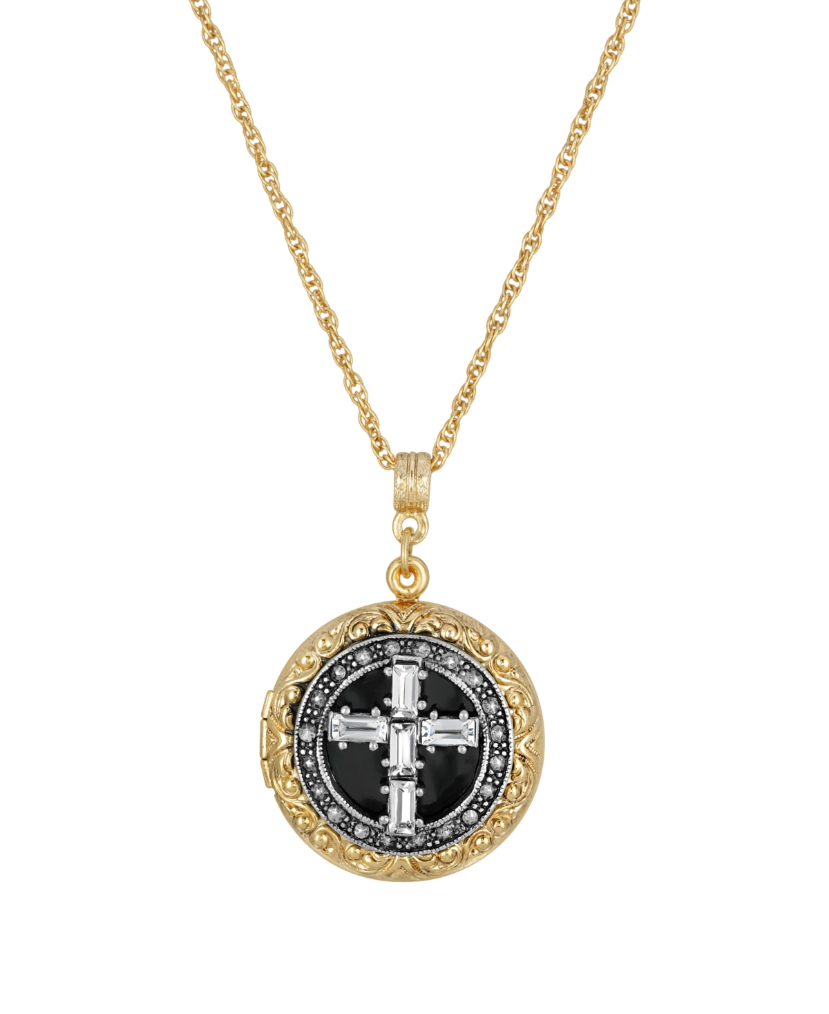 2028 Gold Silver-tone Crystal Cross Locket 16" Adjustable Necklace In Black