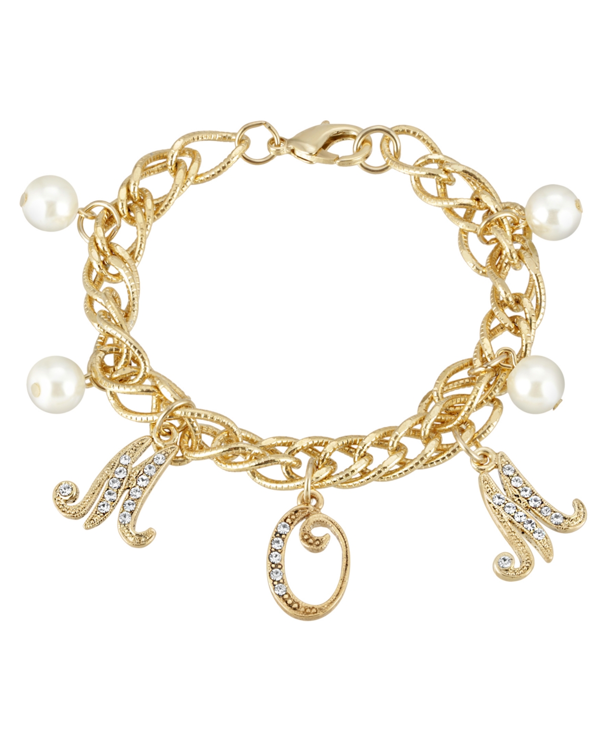 2028 Gold-tone Crystal Imitation Pearl Mom Charm Chain Bracelet In Yellow