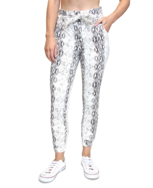 image of Almost Famous Juniors- Snakeskin-Print Paperbag-Waist Jogger Jeans