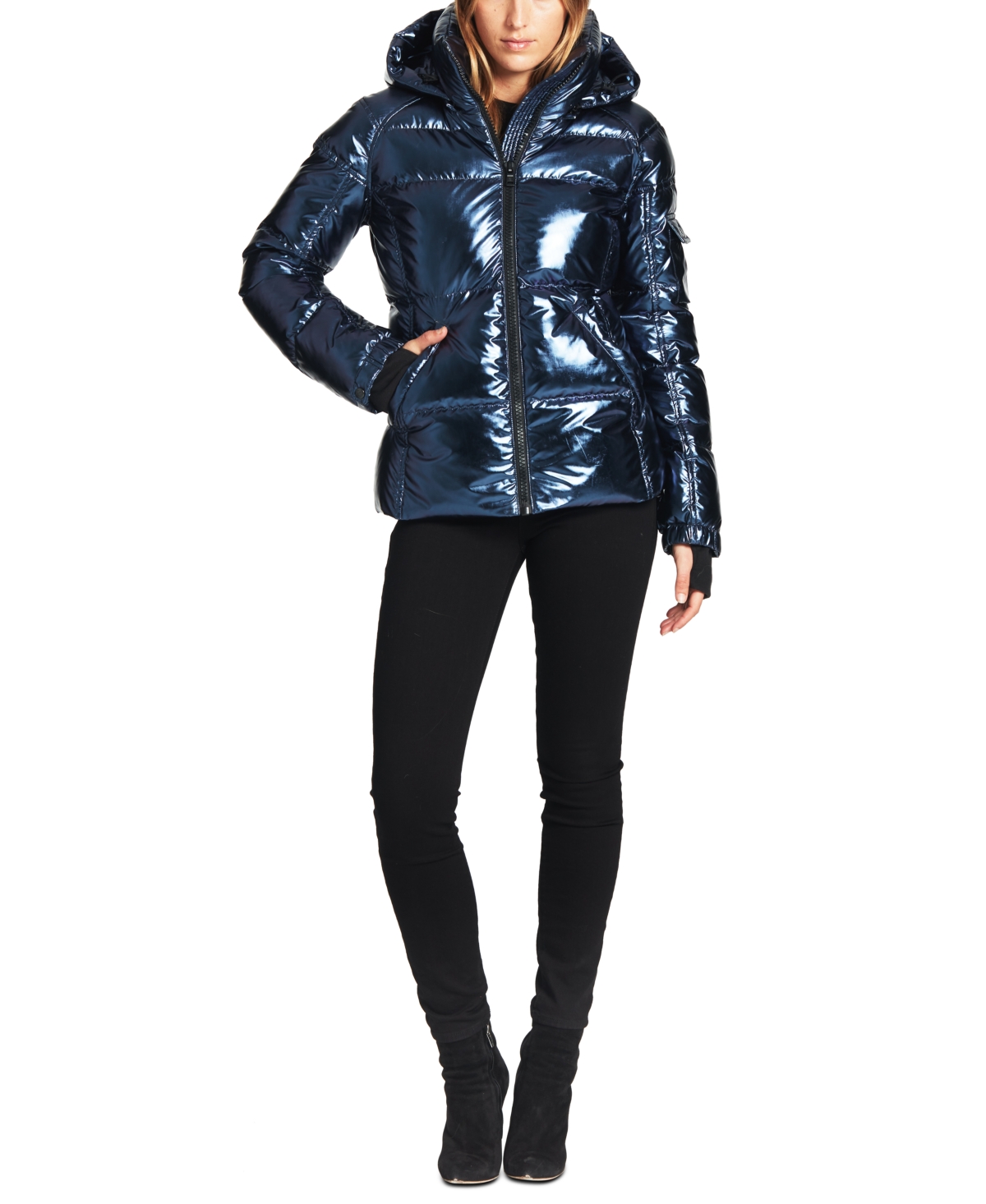Women's Kylie Hooded Thumbhole-Cuff Puffer Coat - Space