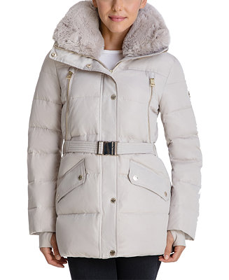 Michael Kors Belted Faux-Fur-Trim Hooded Puffer Coat, Created for Macy ...