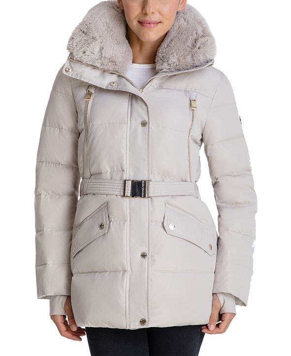 Michael Kors Belted Faux-Fur-Trim Hooded Puffer Coat, Created for Macy ...