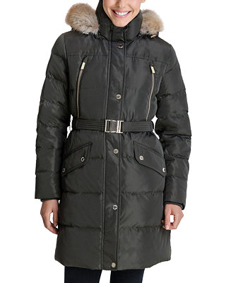 Michael Kors Belted Faux-Fur-Trim Hooded Down Puffer Coat, Created for ...