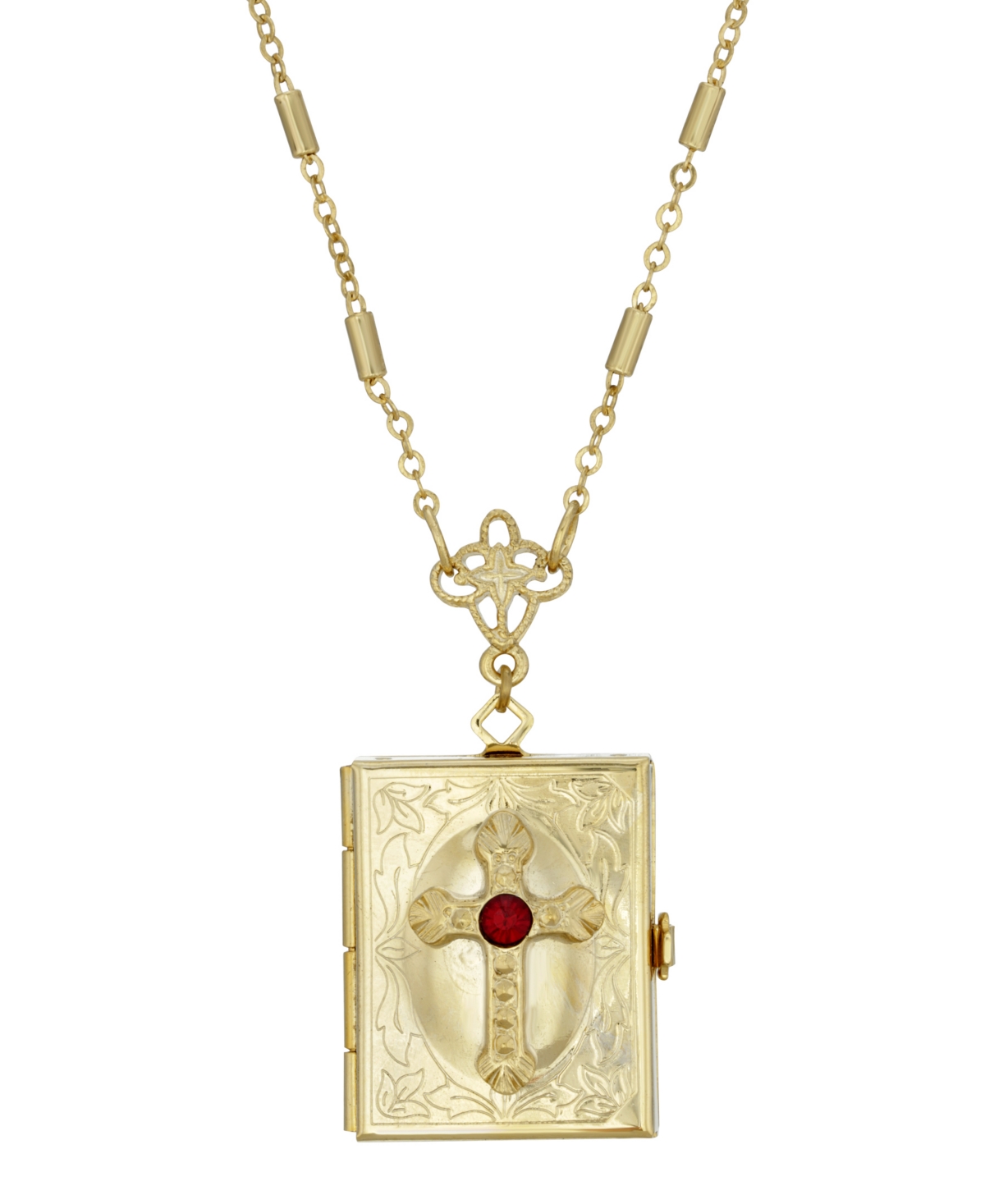 14K Gold Dipped Red Crystal Cross Square 4 Way Locket 30" Necklace - Red