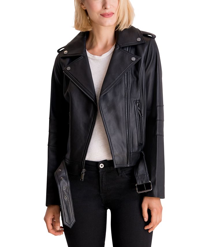 Michael Kors Petite Leather Moto Jacket, Created for Macy's - Macy's
