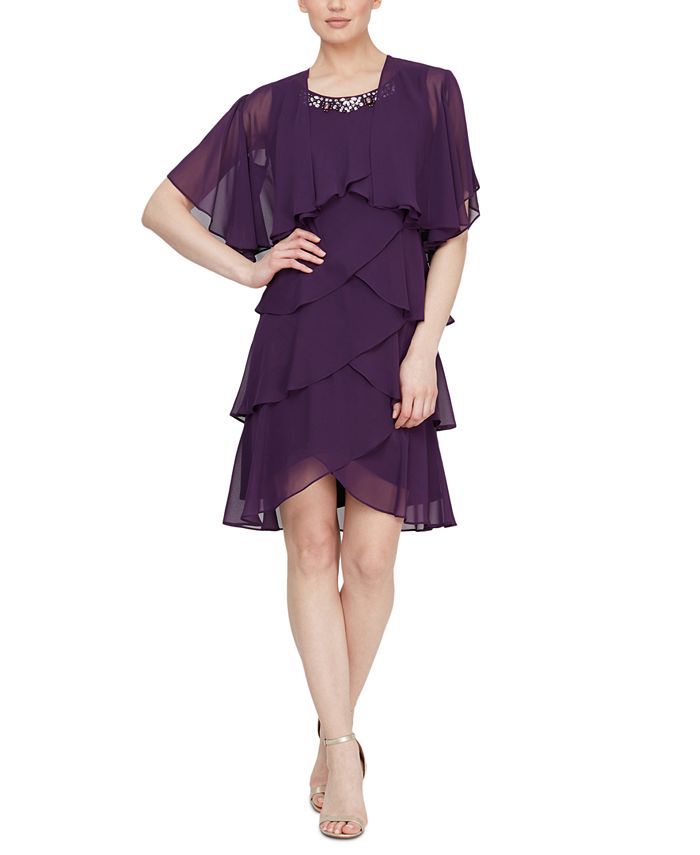 SL Fashions Embellished Tiered Chiffon Dress & Capelet - Macy's