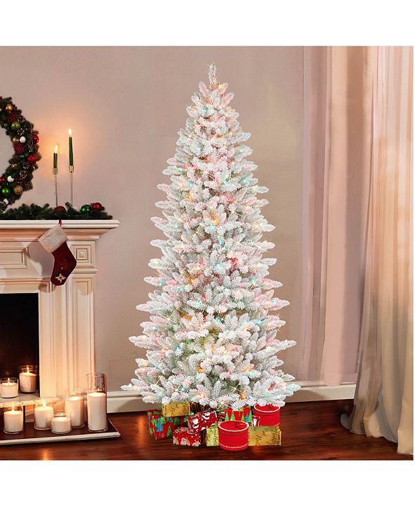 Macys Designer 2022 Christmas Trees Puleo 7.5" PreLit Slim Flocked Fraser Fir Artificial Christmas Tree