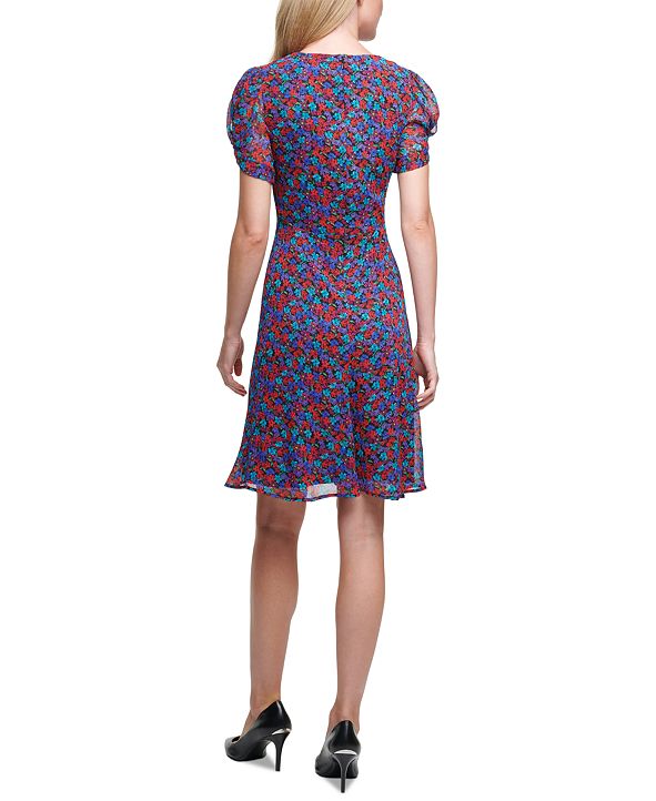 Calvin Klein Petite Printed Puff-Sleeve Dress & Reviews - Dresses ...