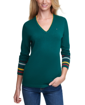 TOMMY HILFIGER IVY RAINBOW-CUFF V-NECK SWEATER