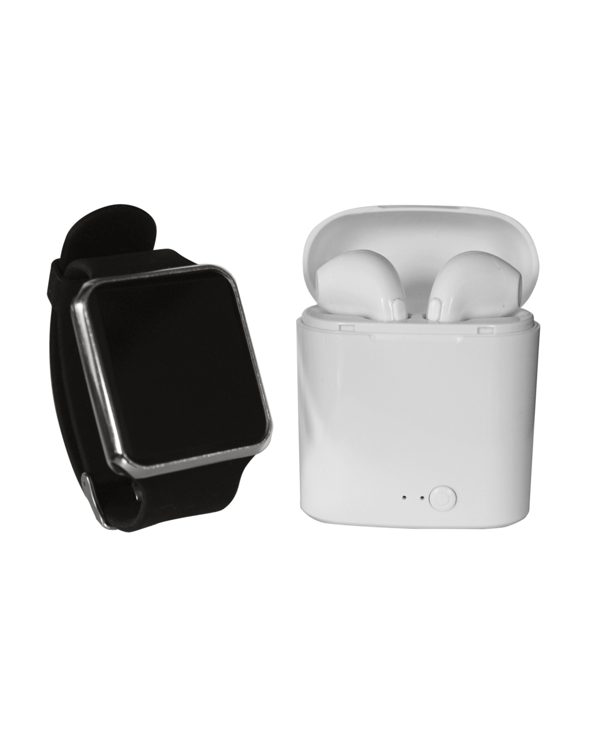 Unisex Led Touch Watch and Wireless Headphones with Portable Charging Case Set - Black Watch Strap/silver Watch Case/whit