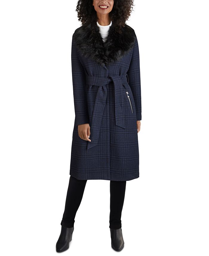 GUESS - Faux-Fur-Collar Belted Wrap Coat