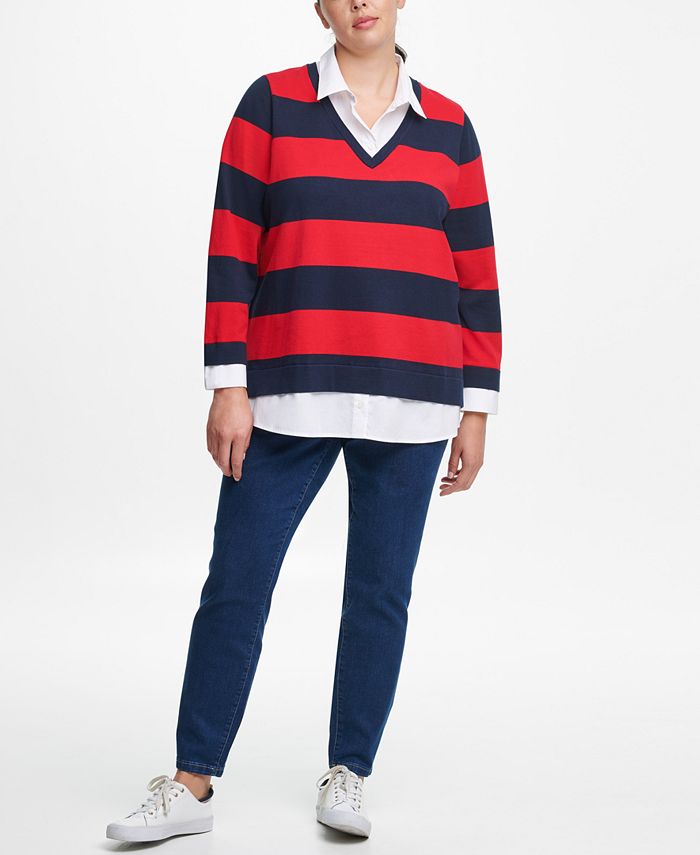 Tommy Hilfiger Plus Size Layered-Look Collared Rugby-Striped Sweater & Reviews - Sweaters - Plus