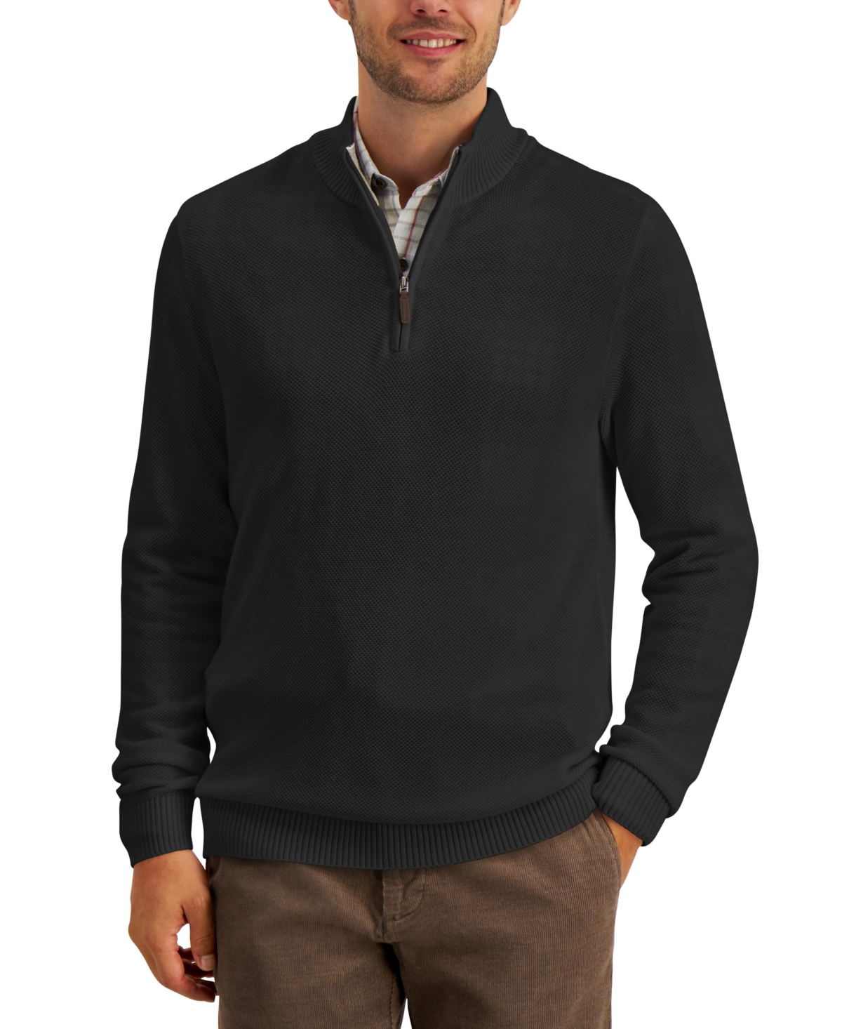 Men's Quarter-Zip Textured Cotton Sweater, Created for Macy's - Deep Black