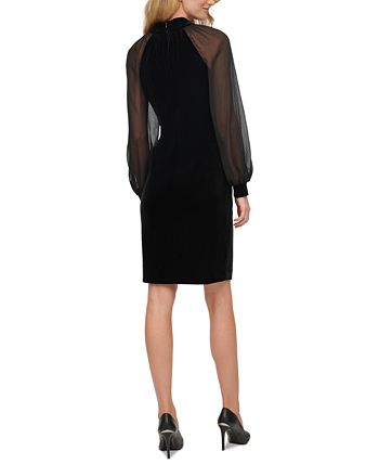 Calvin Klein Velvet Illusion-Sleeve Dress & Reviews - Dresses - Women -  Macy's