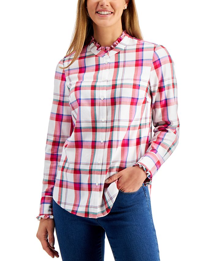 Charter Club Cotton Ruffle-Trim Plaid Shirt, Created for Macy's - Macy's