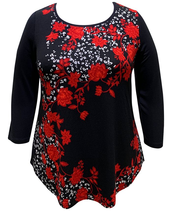 JM Collection Plus Size Floral-Print 3/4-Sleeve Top, Created For Macy's ...