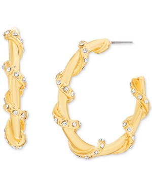 image of Steve Madden Gold-Tone Medium Pave Twist Open Hoop Earrings, 1.48