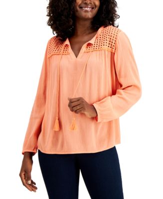 売れ筋商品|||チャータークラブ カットソー トップス レディース Petite Linen Tie-Neck Short-Sleeve Peasant Top, Exclusively at Macy's Warm Blush Charter Club Petite Linen Peasant Top, Created for Macy's