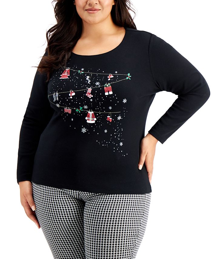 Karen Scott Plus Size Embellished Holiday Cotton Top Created for