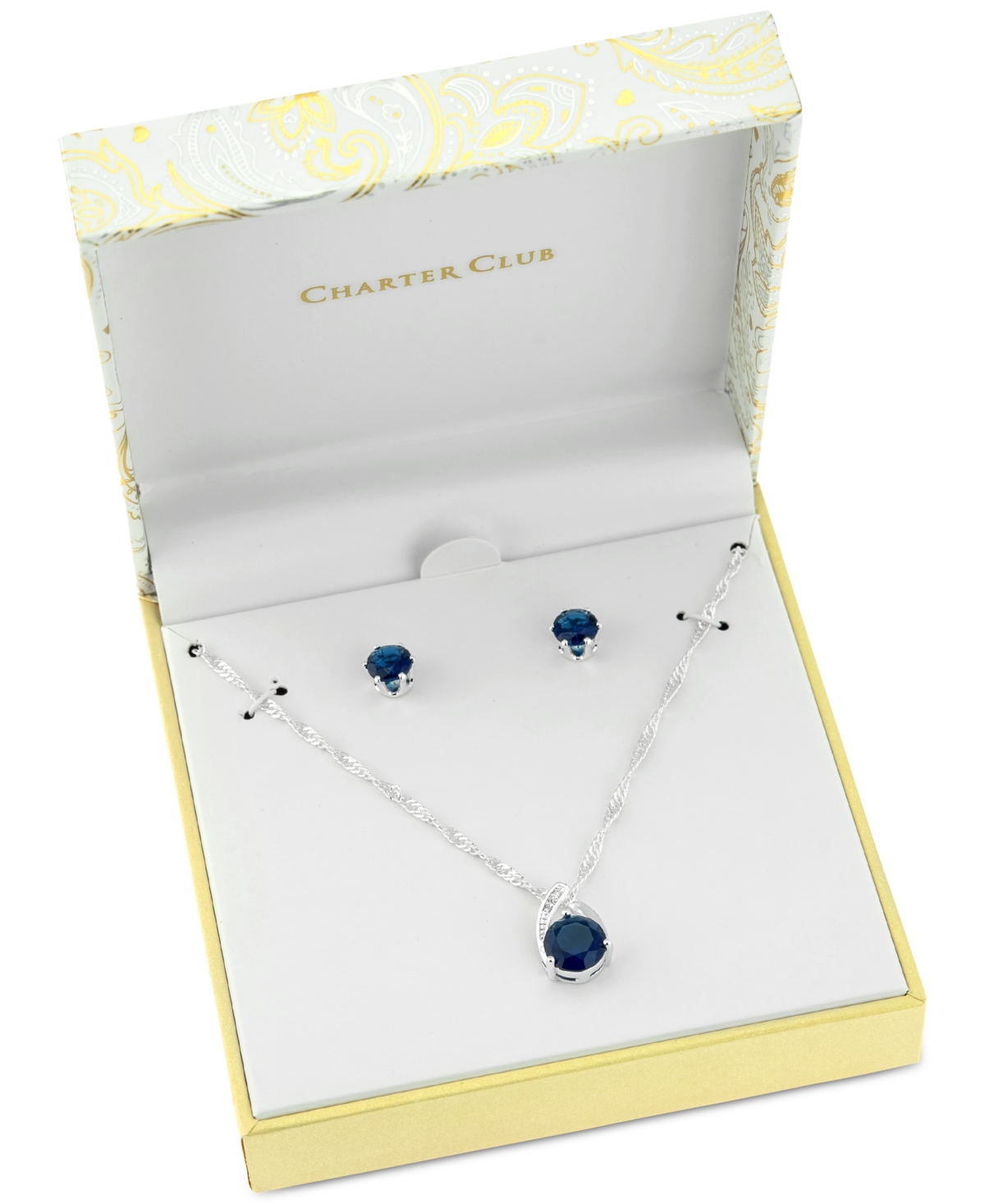 CHARTER CLUB CRYSTAL PENDANT NECKLACE AND EARRINGS SET IN 18K ROSE GOLD PLATE, GOLD PLATE OR FINE SILVER PLATE, C