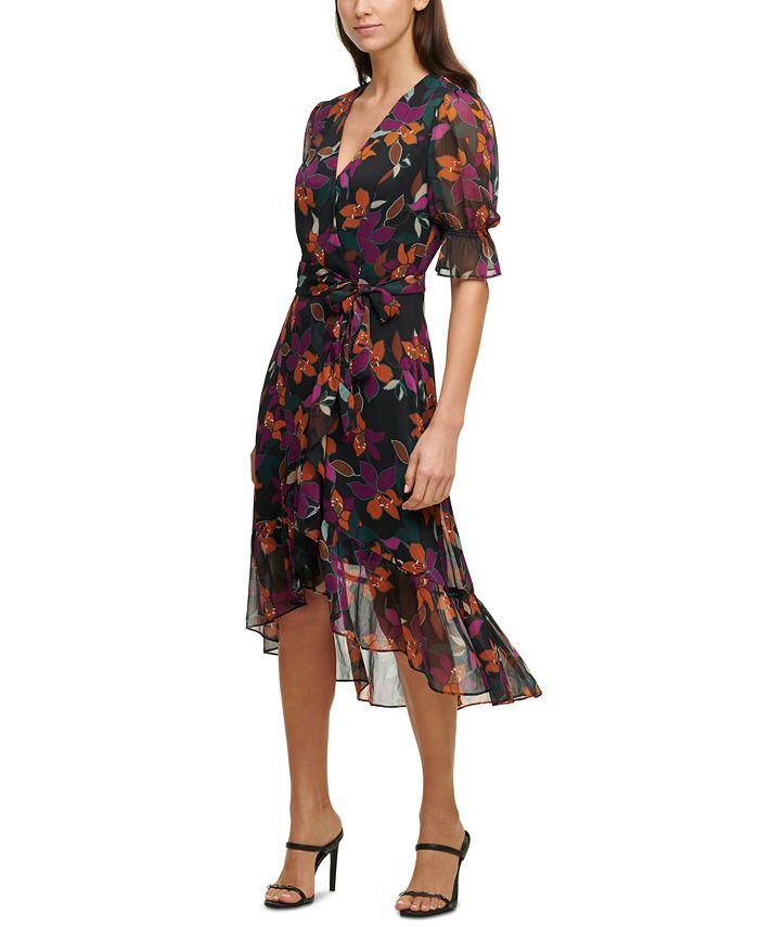 Calvin Klein Printed Faux-Wrap Asymmetrical Dress & Reviews - Dresses ...