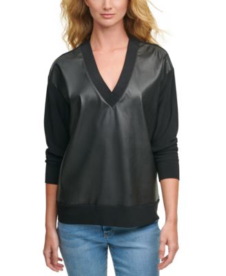 DKNY Women's Faux Leather Front Sweatshirt Black Size Medium