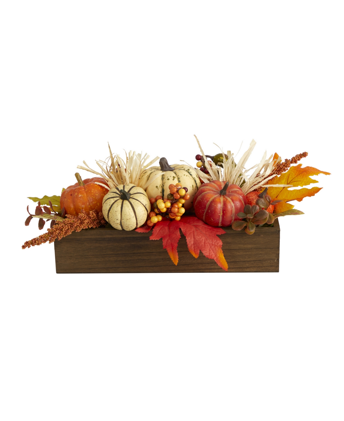 Harvest Pumpkin and Berries Artificial Arrangement in Wood Vase - Multi
