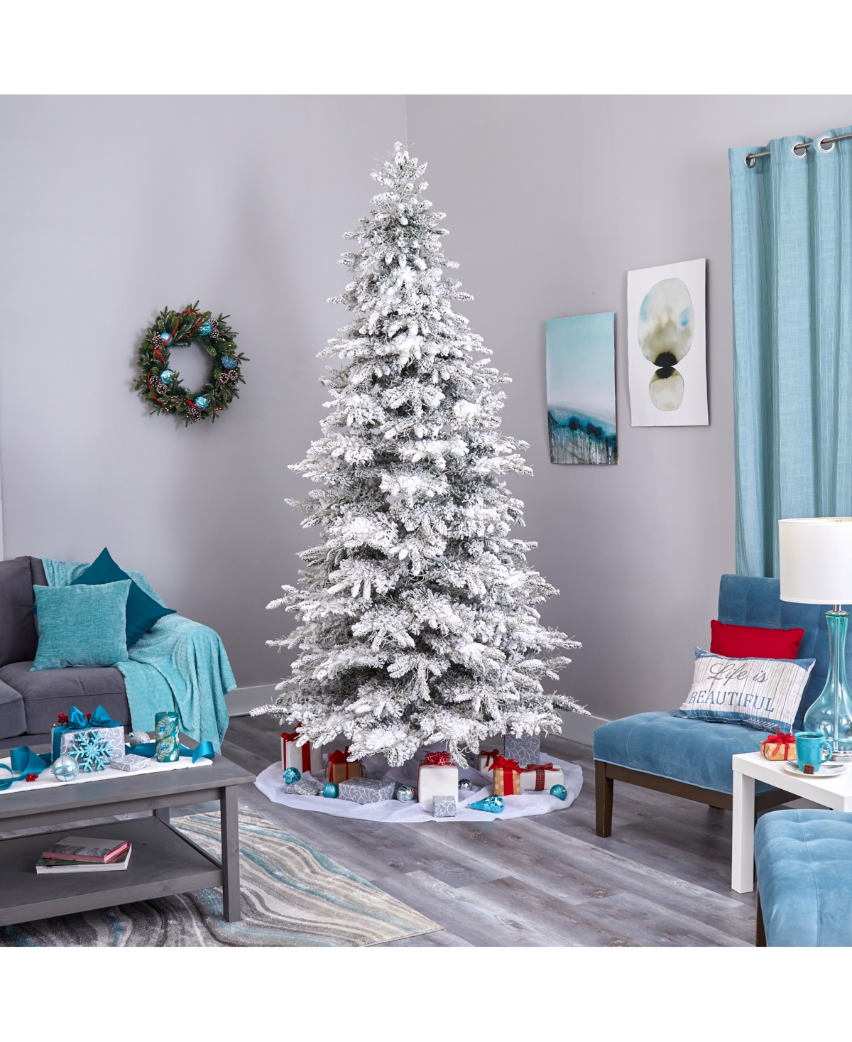 Nearly Natural Flocked Grand Northern Rocky Fir Artificial Christmas Tree with 8208 Warm Cluster Multifunction Led Lights and 1818 Bendable Branches