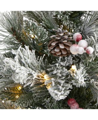 Flocked Artificial Christmas Tree with 30 Clear Lights, 73 Bendable Branches, Pine Cones and Berries