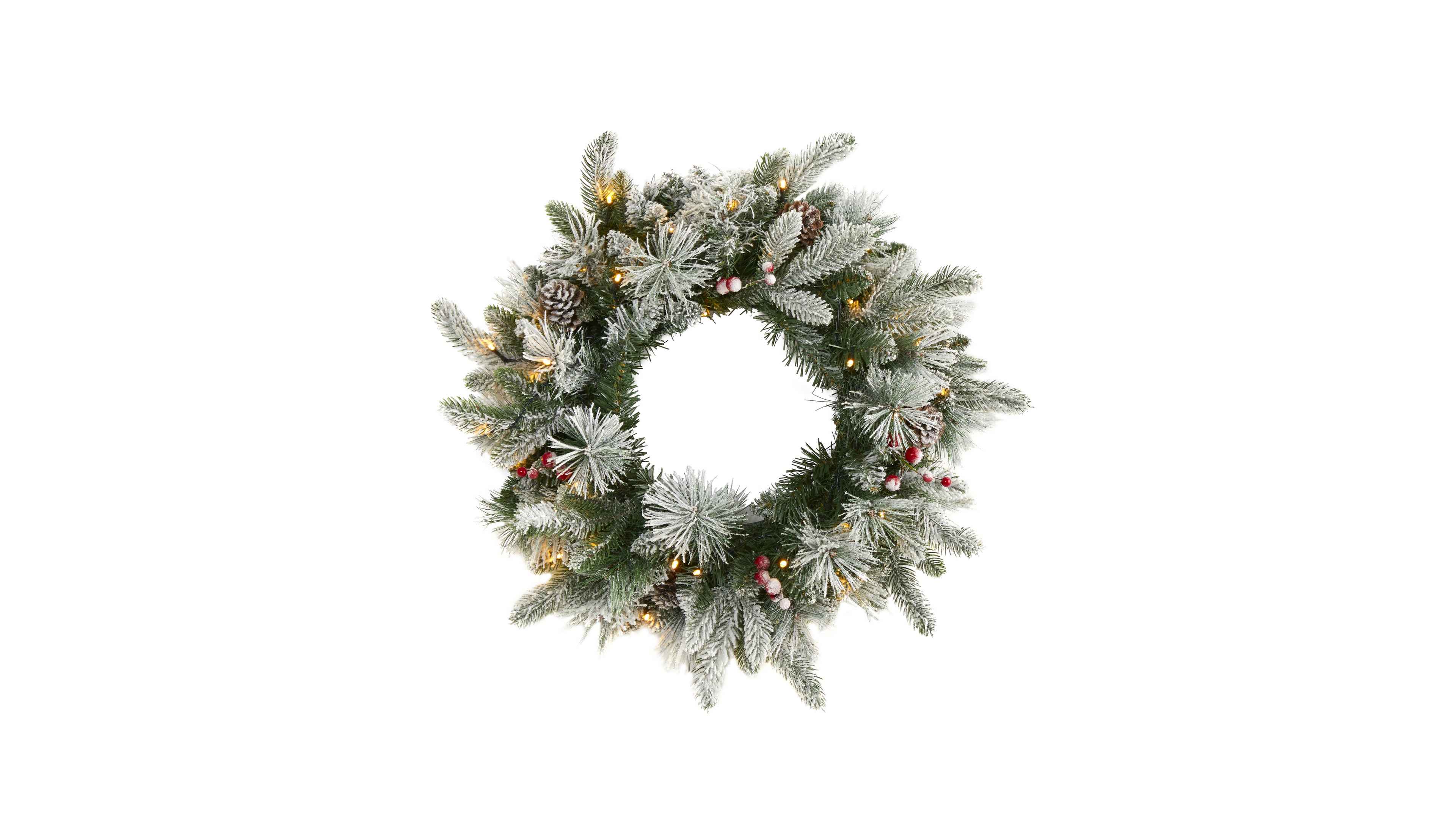 Nearly Natural Flocked Mixed Pine Artificial Christmas Wreath with 50 Led Lights, Pine Cones and Berries