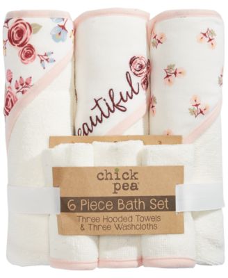 Chickpea - Chick Pea Baby Girl   6pc Bath Set - 3 Hooded Towel Sleeve 3 Washcloths - Beautiful Embroidery and Floral Pattern