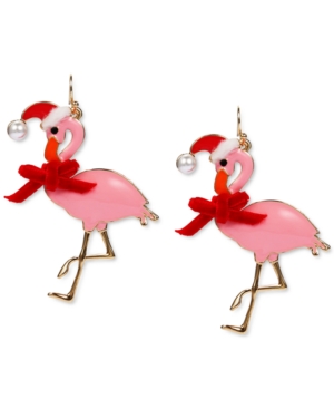 image of Inc Gold-Tone Crystal & Imitation Pearl Flamingo Santa Drop Earrings, Created for Macy-s