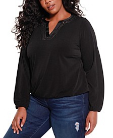 Black Label Women's Plus Size Studded Blouson Sleeve Top