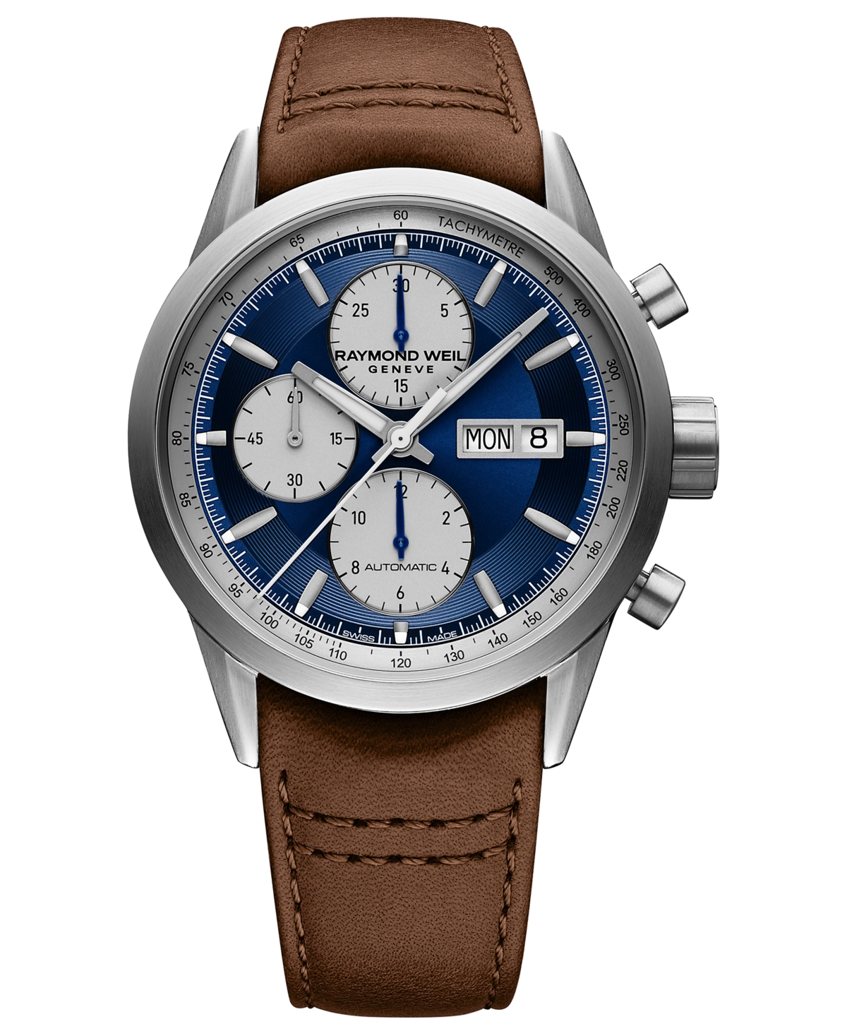 Men's Swiss Automatic Chronograph Freelancer Brown Calf Leather Strap Watch 42mm - Blue