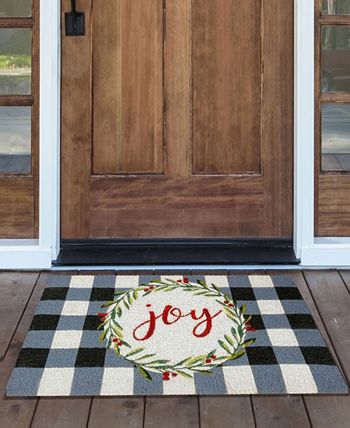 Elrene - Farmhouse Living Holiday Joy Wreath with Plaid Coir Doormat