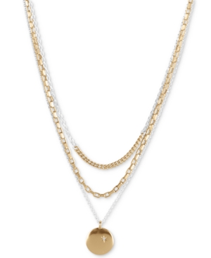 image of Lucky Brand Two-Tone Pave Celestial-Etched Layered Pendant Necklace, 16-1/4