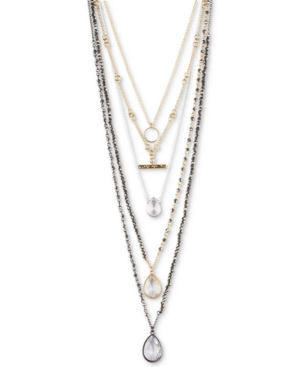 image of Lucky Brand Tri-Tone Crystal Convertible Layered Pendant Necklace, 18